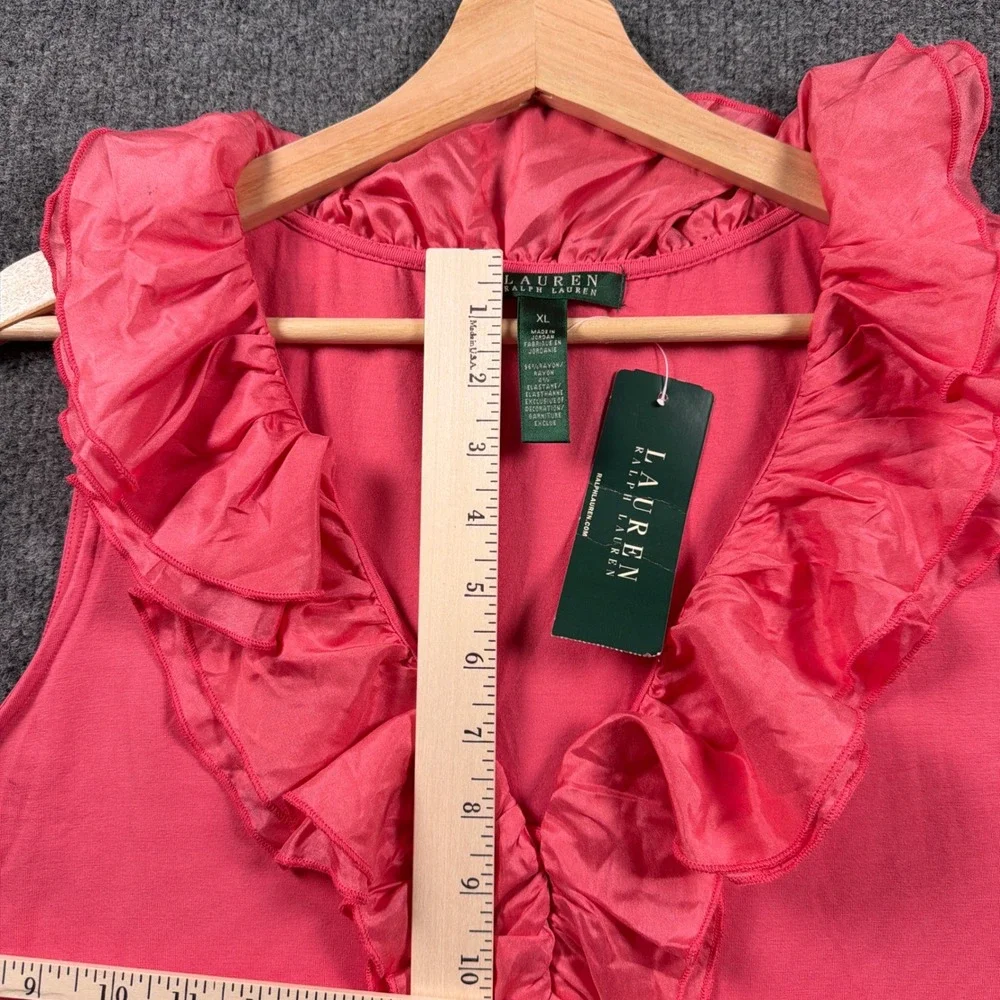 Lauren Ralph Lauren Sleeveless Top Womens XL Coral Pink Ruffle V-Neck READ